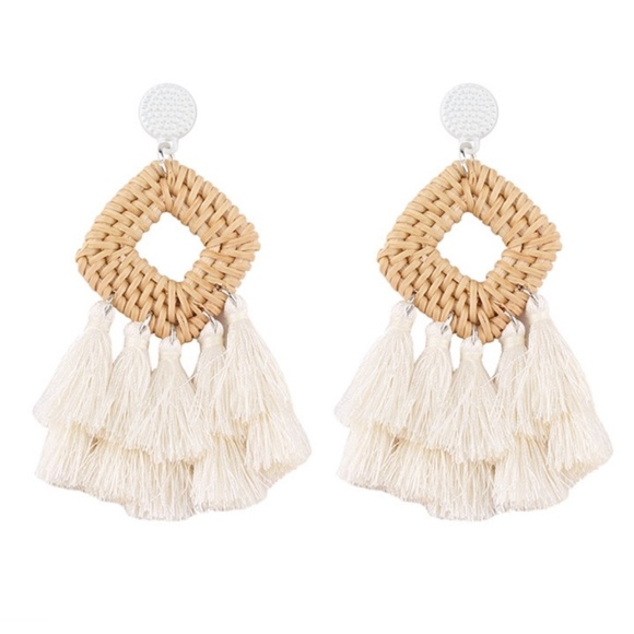 New Wooden Rattan Geometric Tassel Earrings - Picture 8 of 8